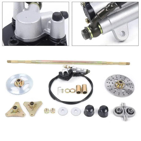 Beefed Up 740Mm Rear Axle Kit With Brake Assembly For Go Kart And 50Cc ATV Rear Shaft, Complete Heavy Duty Package With 160Mm Disc 4Mm Thick, 58T T8F Sprocket, Master Cylinder And 61Inch Brake Line, Fits Most Pit Bikes, components shown
