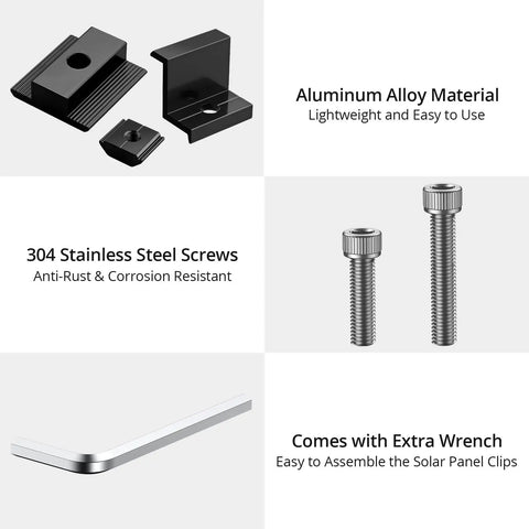 10 Pack Solar Panel Mounting Brackets 1.38 Inch Aluminum Alloy Roof Clamps With 304 Stainless Steel Fasteners parts including clamps and screws.