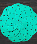 Get A Solid 20 Pack of 6 Inch Hook And Loop Sanding Discs With Assorted Grits From 60 To 2000 showing circular green discs with holes.