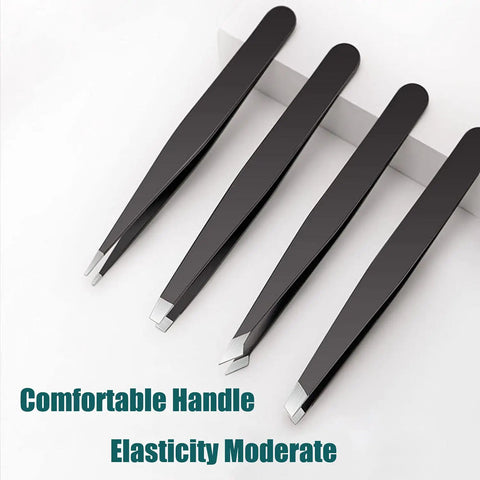 4 In 1 Tweezers Set With Travel Case, Pro Grade Stainless Steel Anti Rust Eyebrow Pluckers, flat, angled, pointed, slant tips