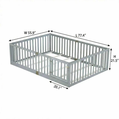 Full Size Floor Bed With High Safety Guardrail And Door For Toddler Transition, Rubber Wood Frame With 6 Support Slats, Grey Finish