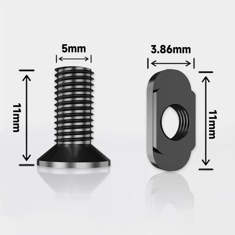 Close-up of M-LOK screw and nut showing measurements, part of 24 Piece M-LOK Screws And Nuts Replacement Kit With Allen Wrench