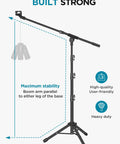 Heavy Duty Floor Microphone Stand With Boom Arm, Adjustable Tripod From 28.1 To 89.8 Inches, stability and strength features