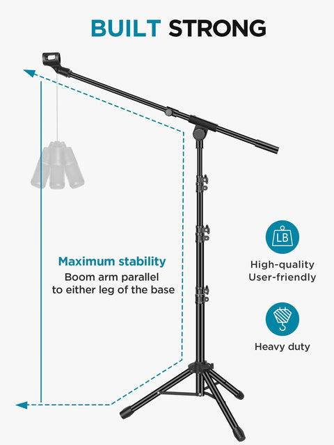 Heavy Duty Floor Microphone Stand With Boom Arm, Adjustable Tripod From 28.1 To 89.8 Inches, stability and strength features