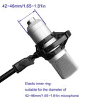 Universal Black Microphone Shock Mount for 42-46mm Microphones, shown with mounted condenser mic in studio setup.