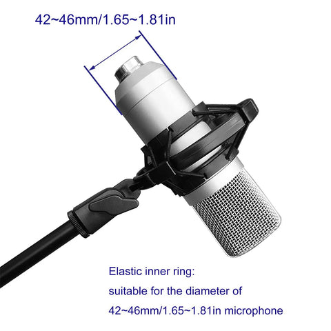 Universal Black Microphone Shock Mount for 42-46mm Microphones, shown with mounted condenser mic in studio setup.