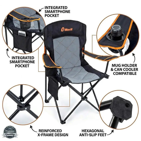 Oversized Padded Camping Chairs Set Of Two With Armrests Super Comfy Heavy Duty Quad Fold Chairs Collapsible Outdoor Seats
