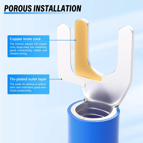Blue 16 To 14 AWG Insulated Fork Spade U Type Wire Connectors Set, 300 Pcs Copper Crimp Terminals With Insulated Shell, close-up view
