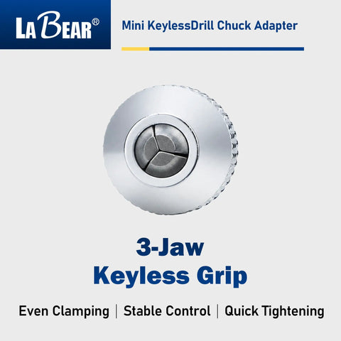 Keyless Mini Drill Chuck Adapter With One Quarter Inch Hex Shank And Quick Swap Rig for cordless drivers with 3-jaw grip.