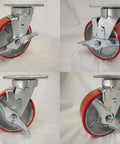 Rock Solid Smooth Riding 6 Inch Polyurethane Swivel Casters With Top Lock Brakes And Steel Cores 1200 Pounds Capacity Each Pack Of Four Red Heavy Duty Wheels