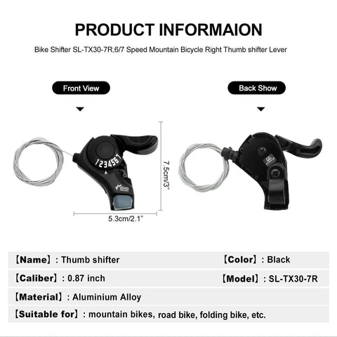 7 Speed Right Thumb Shift Lever For Mountain City Road And Folding Bikes, Ergonomic Trigger Shifter Front and Back View
