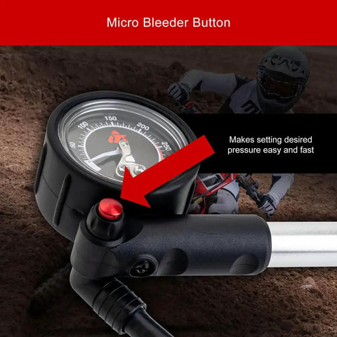 Close-up of micro bleeder button on high pressure suspension pump for motorcycle and bicycle air forks shocks and dropper posts 20 to 300 psi