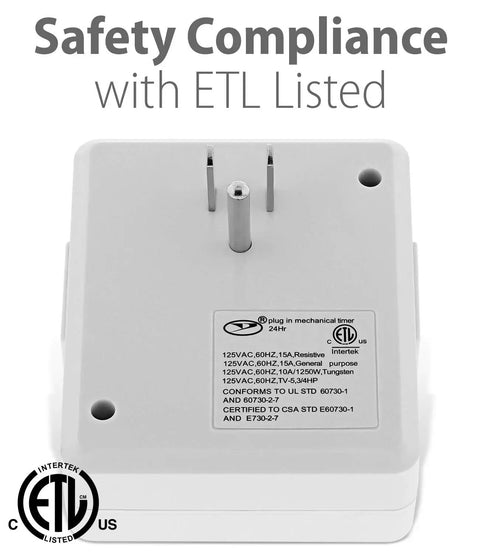 Back view of 24 Hour Programmable Dual Outlet Timers For Indoor Use With ETL listed certification and plug design