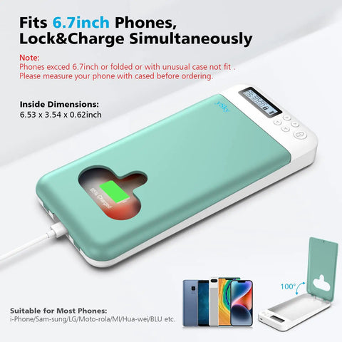 Portable Timed Phone Lock Box for Digital Detox and Study Grind with Chill Out Self Control Timer in green color, showing phone charging.
