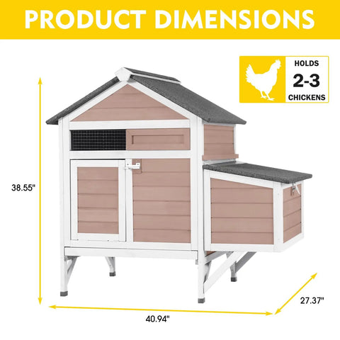 Cozy Two Chickens Outdoor Wooden Chicken Coop With Expandable Run Nesting Box And Pull Out Tray, product dimensions shown