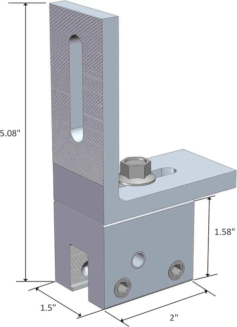 Rock Solid Hella Secure Standing Seam Metal Roof Clamp With L Bracket dimensions shown, aluminum design for solar panels and snow guards.