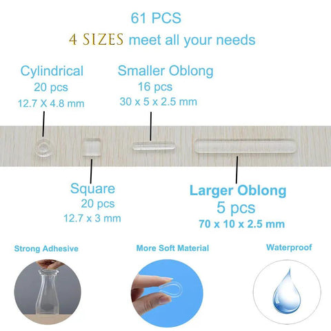 Clear Cabinet Door Bumpers Kit, 61 Pieces Self Adhesive Soft Rubber Pads In Four Sizes displayed with dimensions and properties.