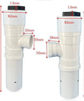 Two side views of Go Anywhere 50W Portable Hydroelectric Generator With Spiral Turbine, showing dimensions and PVC material.