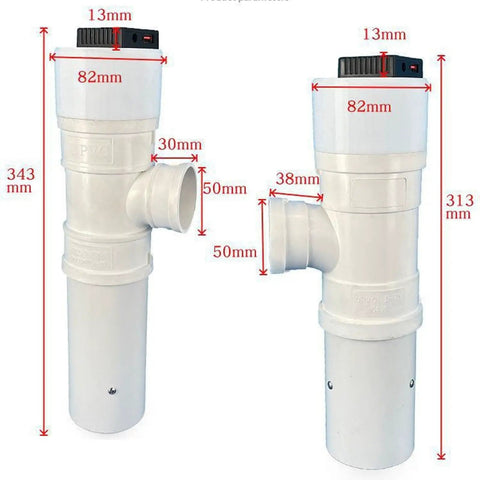 Two side views of Go Anywhere 50W Portable Hydroelectric Generator With Spiral Turbine, showing dimensions and PVC material.
