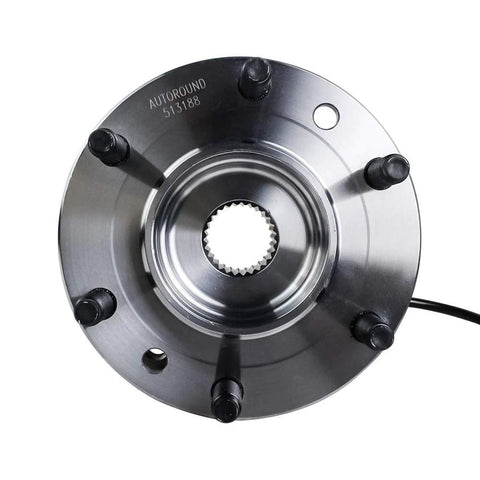 Autoround front wheel hub bearing assembly, six-lug, ABS, metallic silver finish.