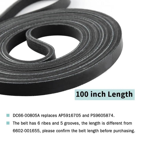 Close-up of DC66-00805A dryer belt 100 inch length for Upgraded Dryer Repair Kit For Home Quick Fix With Roller DC97-16782C.