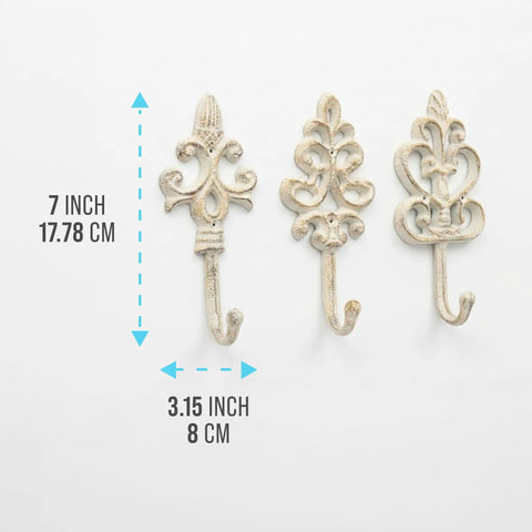 Distressed White Cast Iron Wall Hooks Set Of Three Dang Sturdy Farmhouse Coat Rack Hardware, 7 inch, decorative design.