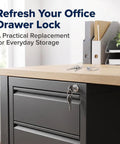 Hefty Silver Universal Cam Lock For Toolboxes Cabinets And Furniture Drawers Featuring Top Shelf 180 Degree Rotation No Fuss Swap Durable Iron Housing on an office drawer.