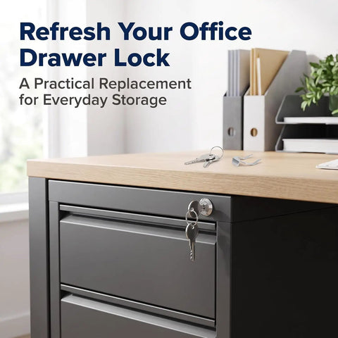Hefty Silver Universal Cam Lock For Toolboxes Cabinets And Furniture Drawers Featuring Top Shelf 180 Degree Rotation No Fuss Swap Durable Iron Housing on an office drawer.