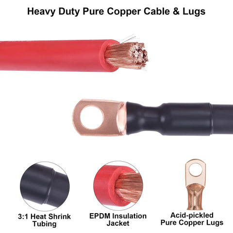 2/0 AWG Battery Cable Set 1 Ft Red And Black Copper Welding Cables Built Tough With 3 By 8 Inch Lug Terminals For Solar Inverter RV Boat Marine Automotive Replacement Parts. red and black copper battery cable with lug terminal