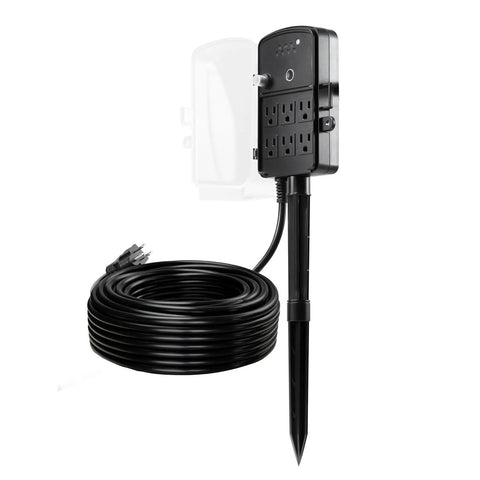 No More Plug Fights, Heavy Duty Outdoor Power Stake And 100Ft Extension Cord With Rugged Weatherproof Cover, Six Outlet Hub, Remote Timer, 13Amps, Ultimate Game Changer For Christmas Lights, Garden, Patio Decor.