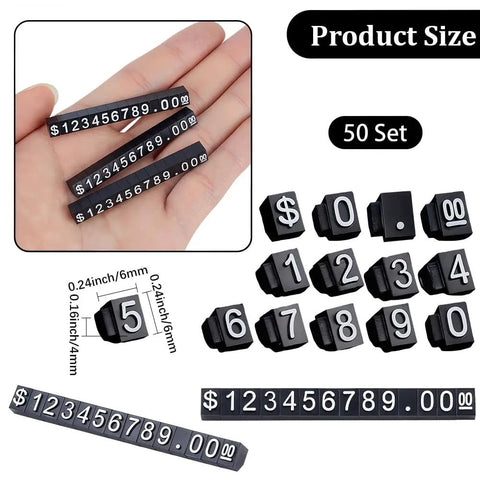 Price Display Cube Tags Set 50 With Adjustable Stand For Jewelry Shop And Vending Machines, black and white cubes in hand and layout