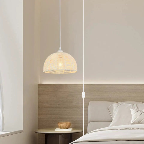 Plug In Pendant Light With 16ft Rattan Boho Woven Hanging Cord For Dining Room Living Room Kitchen Bedroom Arc Design Cream Finish