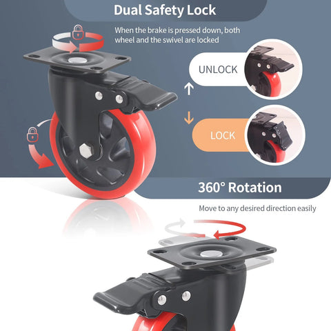 5-inch caster wheels with dual locking brakes, set of 4 heavy-duty polyurethane wheels for carts or workbenches.