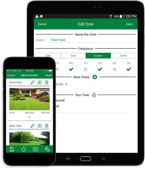 Tablet and smartphone displaying Rain Bird app interface for LNK2 Smart WiFi Module 2nd Gen For Rain Bird Irrigation Timers And ESP Controllers.