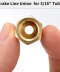 Heavy Duty Brake Line Fittings Kit For 3/16 Inch Tube With 5 Inverted Flare Unions And 10 Nuts, 3/8-24 Threads, close-up of brass union