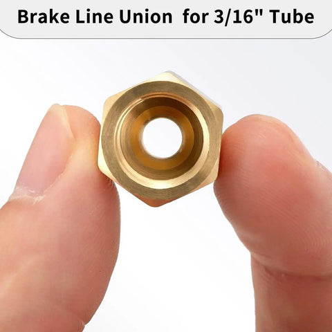 Heavy Duty Brake Line Fittings Kit For 3/16 Inch Tube With 5 Inverted Flare Unions And 10 Nuts, 3/8-24 Threads, close-up of brass union