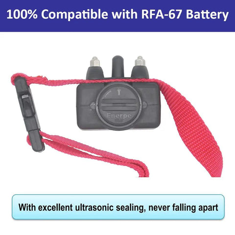 Hardcore Replacement Battery For Electronic Dog Training Collars Compatible With Rfa-67 And Rfa-67d-11 6V 230 Mah Leak Proof Design Built Different Real Deal 10 Pack Set, showing battery compartment with red strap.