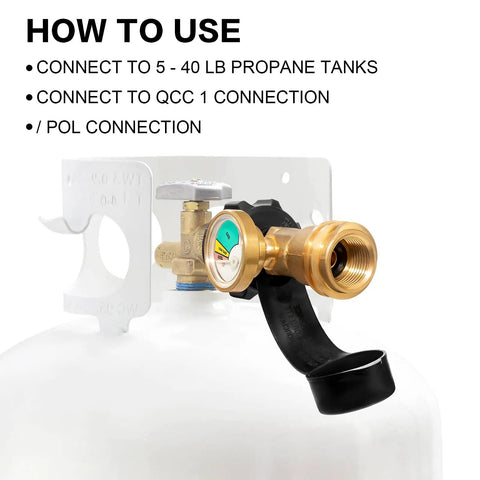 Propane Tank Gauge Level Indicator With Leak Detector And Gas Pressure Meter on a propane tank with QCC1 connection