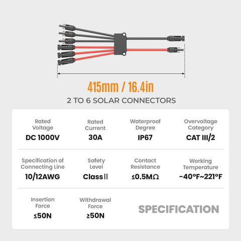 Solar Panel Y Branch Connectors Kit For Parallel Wiring, 415mm, 2 to 6 connectors, waterproof IP67, specs displayed