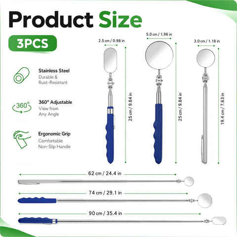Extendable Telescoping Inspection Mirror Set With Rotating Heads And Long Handle For Mechanics Inspectors And Auto Boat Maintenance Includes 50mm Round 25mm Oval And 30mm Small Round Mirrors. 3-piece stainless steel set, 24.4 to 35.4 in handles