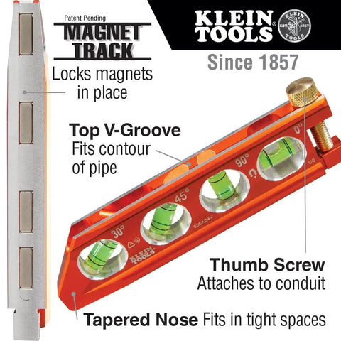 Side view of orange magnetic level from Workhorse Reaming Driver Kit With Conduit Reamer And Magnetic Level For Quick Wire Runs.