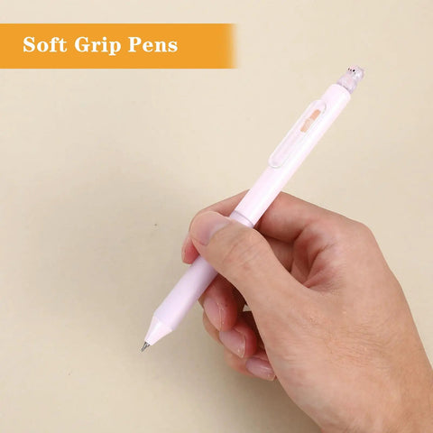 Hand holding a pink Four Cute Retractable Gel Pen With Glitter Cat Design, 0.5mm fine point black ink, showing soft grip feature.