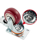 Four Inch Polyurethane Casters Roll Like Butter With Silent 360 Swivel Action And Rock Solid Heavy Duty Locking Brakes close up view of caster wheel with red polyurethane tread and metal base.