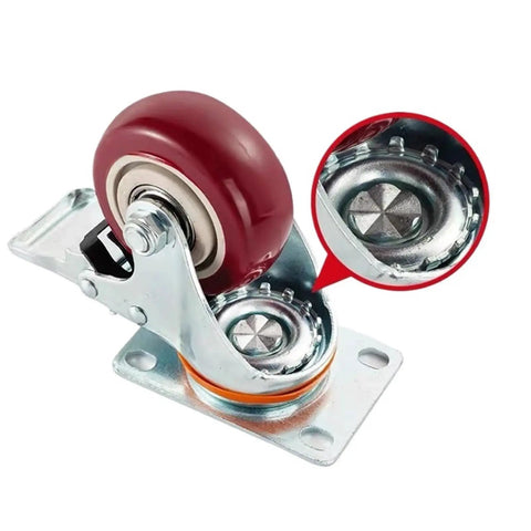 Four Inch Heavy Duty Stem Casters That Roll Smooth As Grease With Silent Swivel Lock Wheels and durable red rubber wheel detail.
