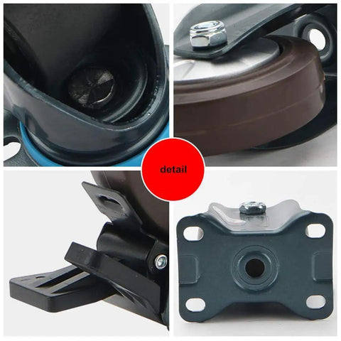 Detail view of Hardcore Heavy Duty Caster Wheels Set Of 4 With Smooth Operator Rubber Treads showing components and dual lock brakes.