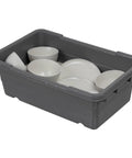 Jumbo Lug Plastic Nest And Cross Stack Totes 25x16x9 Inch Gray 6 Pack Heavy Duty Storage Bins with dishes inside