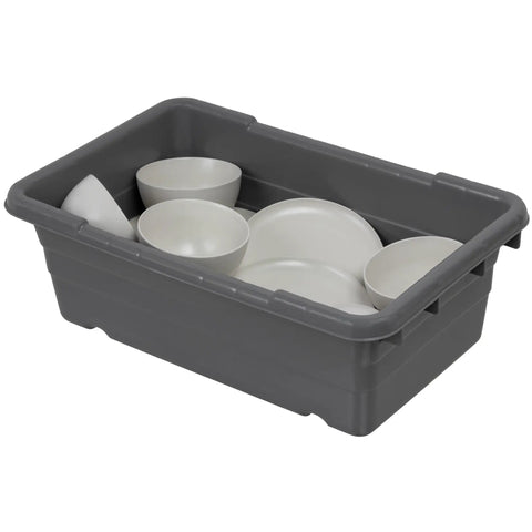 Jumbo Lug Plastic Nest And Cross Stack Totes 25x16x9 Inch Gray 6 Pack Heavy Duty Storage Bins with dishes inside