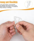 Hands holding a Straight Up Clear Valance Clip for Window Blinds, demonstrating its flexible and durable design, suitable for 2 inch sizes.