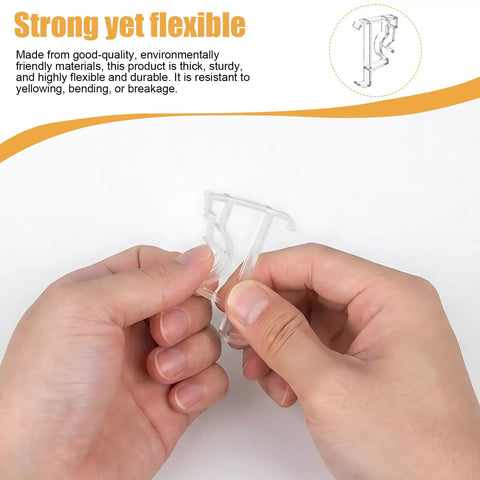 Hands holding a Straight Up Clear Valance Clip for Window Blinds, demonstrating its flexible and durable design, suitable for 2 inch sizes.