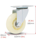 Hella Smooth Heavy Duty Swivel Caster Wheels With White Nylon Rollers And Rust Proof Metal Plates Replacement Pack Of Four, showing dimensions and design features.